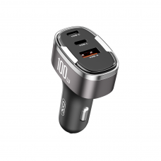 Automobilinis įkroviklis 12-24V 2xUSB C + USB 3A 100W greito krovimo juodas (black) su voltmetru XO CC61